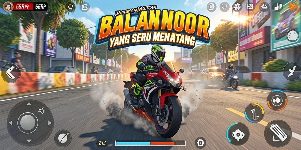 Screenshot gameplay menunjukkan aksi balapan motor yang mendebarkan.