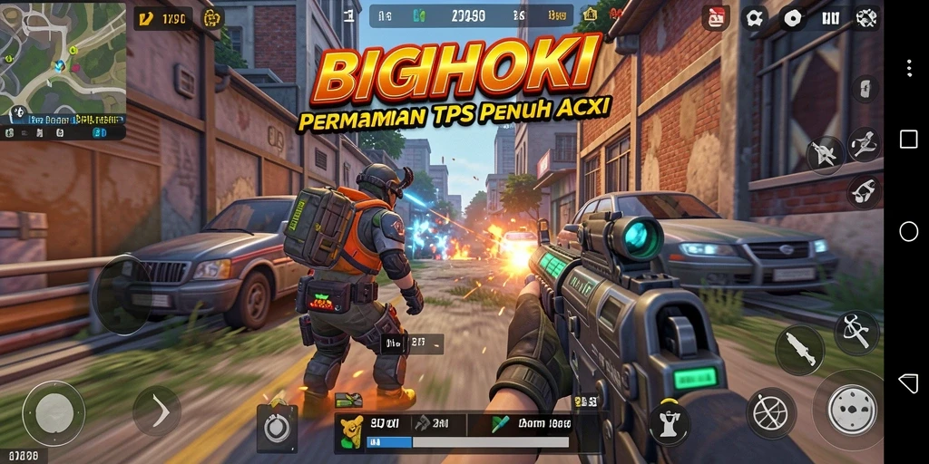 Screenshot gameplay BIGHOKI menampilkan aksi tembak-menembak yang seru.