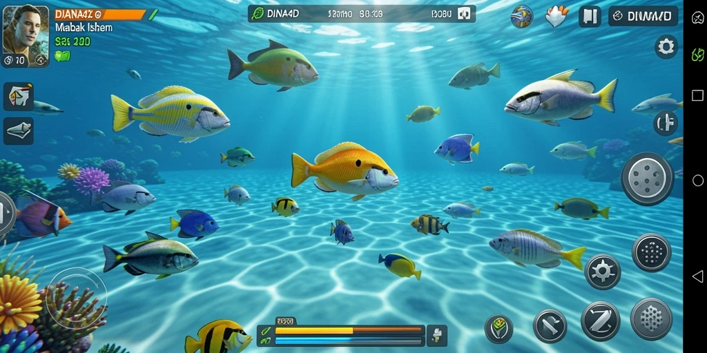 Tangkapan layar gameplay DIANA4D yang menampilkan aksi menembak ikan.