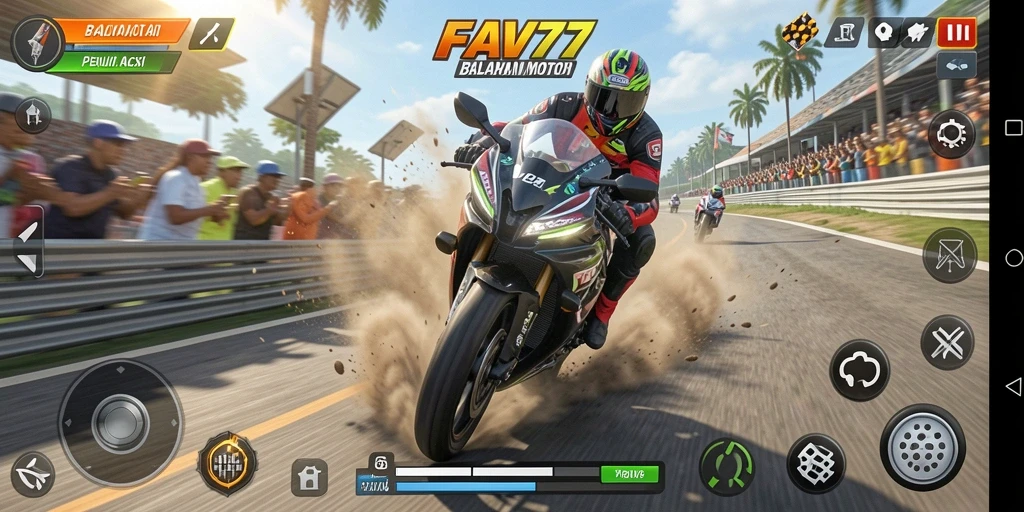 Gameplay seru FAV77 saat balapan motor di trek menantang.