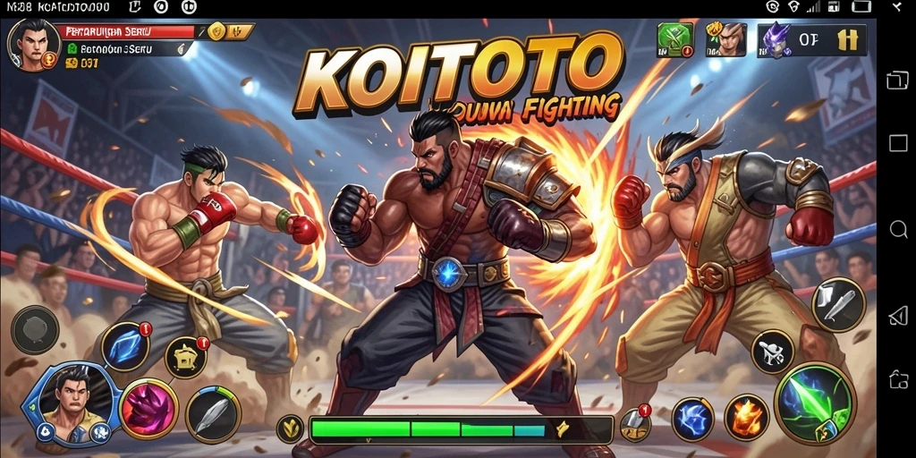Tampilan gameplay KOITOTO dengan karakter bertarung di arena yang mendebarkan.