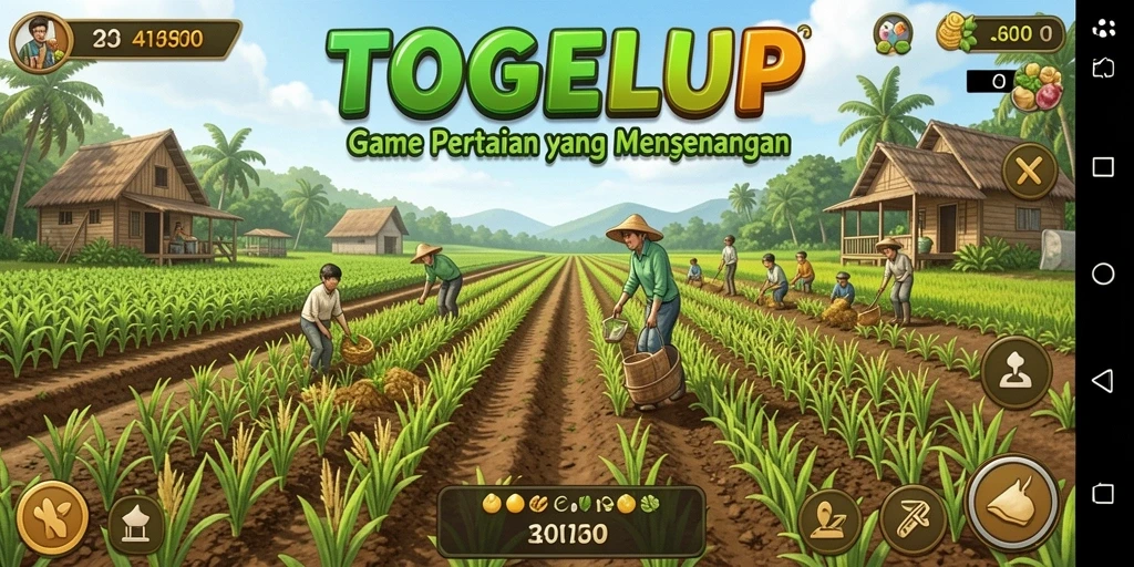 Screenshot utama TOGELUP menampilkan kebun dengan tanaman subur.