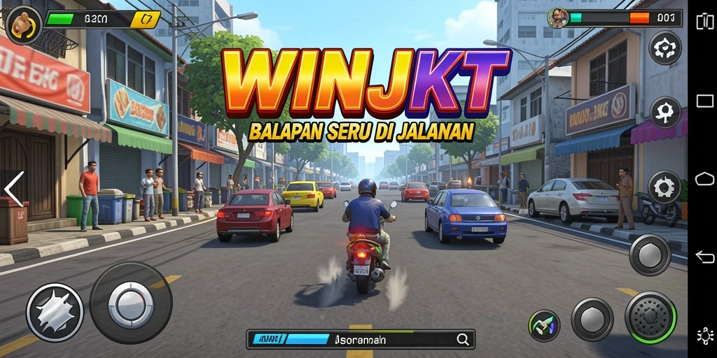 Screenshot gameplay <strong>WINJKT</strong> dengan kendaraan balap dan lintasan menantang.